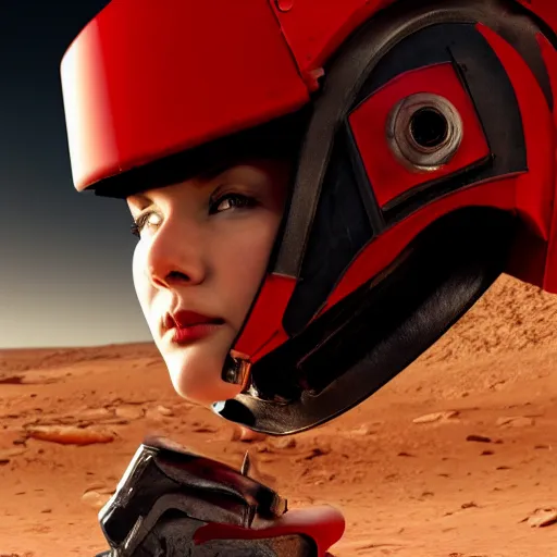 Image similar to a young female soldier, no makeup, wearing glossy sleek white bloodstained dinged scuffed armor and a long torn red cape, heroic posture, determined expression, elegant, no helmet, on the surface of mars, dramatic lighting, cinematic, sci-fi, hyperrealistic, detailed