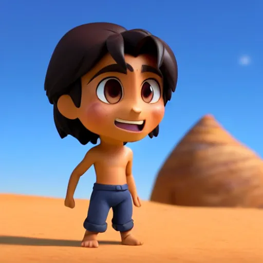 Image similar to profile view of young aladdin as nendoroid walking in a desert in the croods movie style, anime, disney, pixar, 8 k, hd, dof, kodak film, volumetric lighting, subsurface scattering, photorealistic, octane render, details