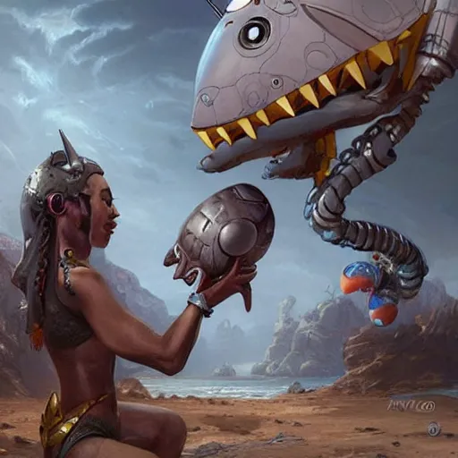 Image similar to a gray unicorn alien and a robotic crab, with african decoration and a spongebob puppet, highly detailed, concept art, art by wlop and artgerm and greg rutkowski, masterpiece, trending on artstation, 8 k