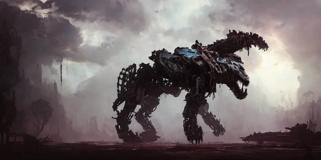 Image similar to beautiful painting by jeremy mann, a mechanical jaguar creature of horizon forbidden west horizon zero dawn, concept art, fantasy, desaturated, ominous, unsettling, sharp focus, octopath traveler, unreal engine highly rendered, global illumination, dramatic lighting, misty