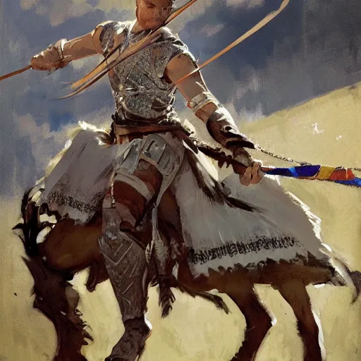 Prompt: portrait of rider wearing chainmail holding bow, detailed by greg manchess, craig mullins, bernie fuchs, walter everett, low angle