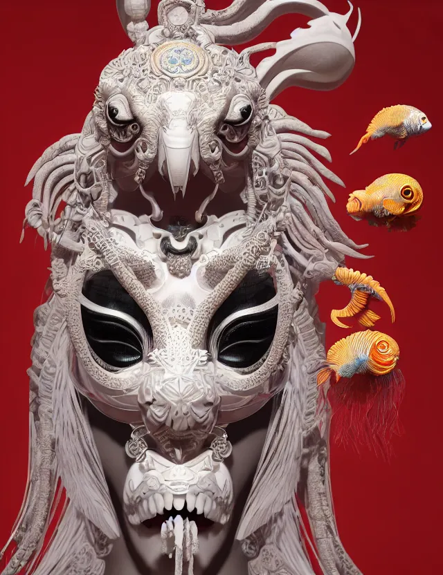 Image similar to 3 d goddess close - up 3 / 4 portrait with ram skull. beautiful intricately detailed japanese crow kitsune mask and clasical japanese kimono. betta fish, jellyfish phoenix, bio luminescent, plasma, ice, water, wind, creature, artwork by tooth wu and wlop and beeple and greg rutkowski