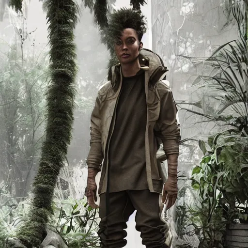 Prompt: bohemian techwear clothing, luxury clothing made with natural materials, earth tones, bright nature colors, light colors, daytime natural background with plants 3 d, octane render, product render, fashion photography, beautiful, fashion, intricate, highly detailed, 8 k, cycles render, dynamic, modeled