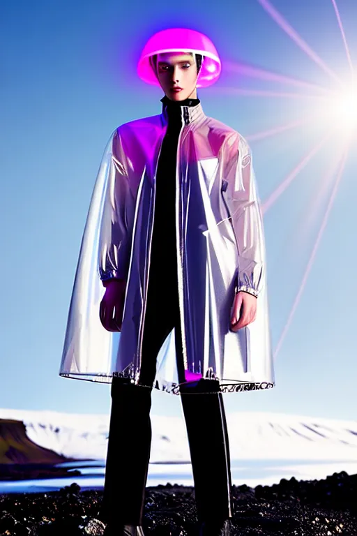 Image similar to an ultra high definition professional high fashion portrait studio full length photograph of a model wearing a transparent pearlescent raincoat and neon visor in an icelandic black rock environment at dawn. no artefacts. extremely detailed. stark. refraction. shallow depth of field. volumetric light and shadow. ray tracing. light rays.