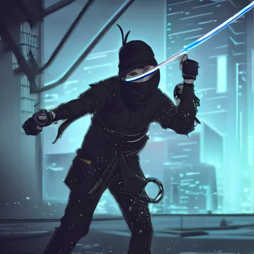 Image similar to a cyberpunk ninja fighting and wielding an electric rope dart. concept art, award winning. 4 k