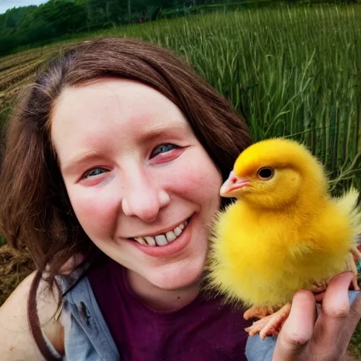 Image similar to A proud young woman in a farm holding up a baby chick extremely close to the camera, almost touching the lens. photograph extremely close wide-angle lens