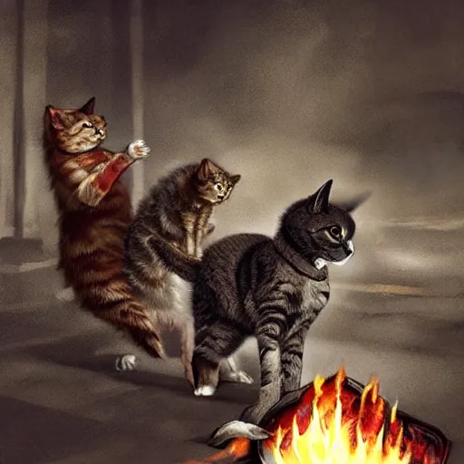 Image similar to war between cats and dogs, epic, digital, art, fire, smoke, suspense