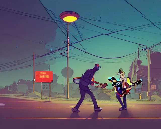 Prompt: a study of cell shaded cartoon of a two man band playing a microKorg synthesizer and drums floating above a country road, street lamps, road, illustration, wide shot, subtle colors, post grunge, concept art by josan gonzales and wlop, by james jean, Victo ngai, David Rubín, Mike Mignola, Laurie Greasley, highly detailed, sharp focus, Trending on Artstation, HQ, deviantart, art by artgem