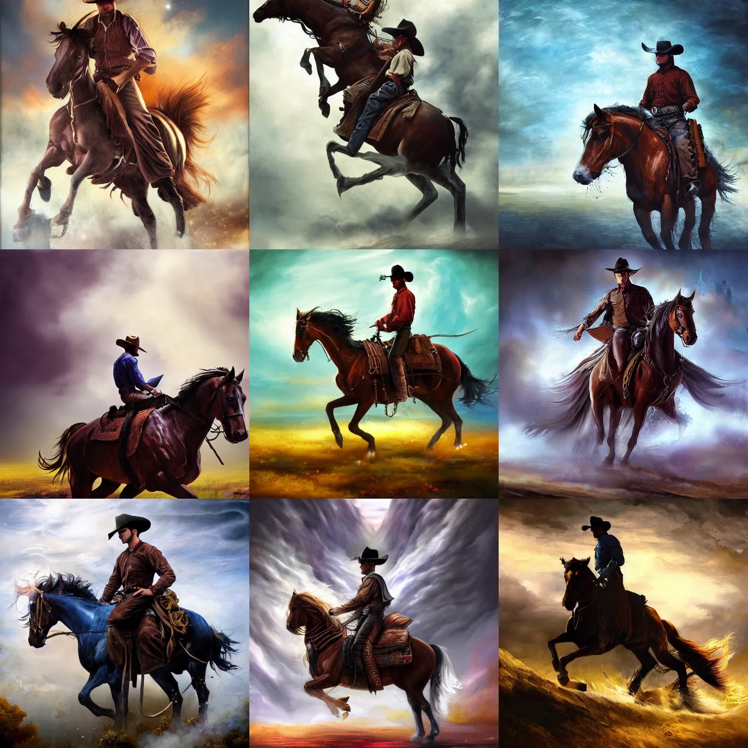 Prompt: fantasy book cover painting, dramatic shot of a cowboy with laptop computer riding a horse