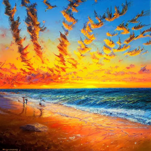 Prompt: acrylic painting, impressionism and expressionism, strong emotional impact, bold pastel colors, expressive brushstrokes. by peter mohrbach and mark keathley. fantasy illustration of the shore of the island of monuments and statues. spectacular sunset, stone monuments on the beach. beautiful and vivid trending on artstation hq 8 k contest winner # wow