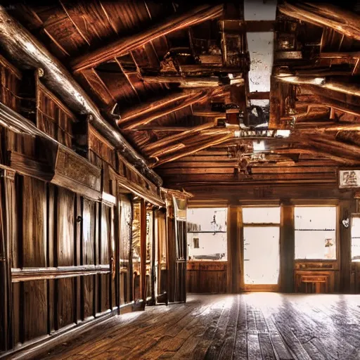 Prompt: Empty Old West Saloon at the break of day, dust particles in the air, god beams coming through the windows, hyper realistic, HD, DLSR Camera, Rococo style, Grand Piano, Staircase