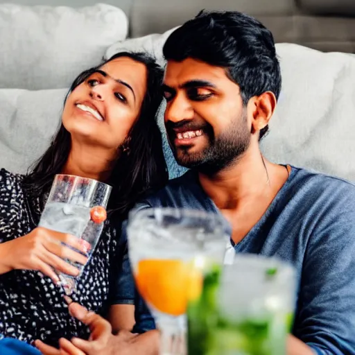 Image similar to indian guy and swedish girl drinking gin and tonics on the couch