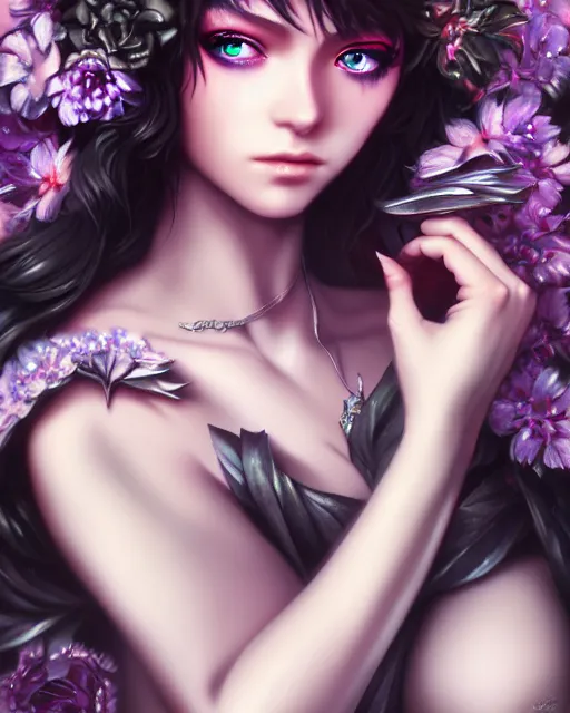 Image similar to dark angel surrounded by dark flowers and diamonds, very detailed, realistic face, detailed face, matte, tonemapping, bbwchan, perfection, 4 k, cushart krenz