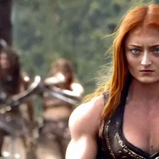 Prompt: still of muscular sophie turner in xena, six packs abs