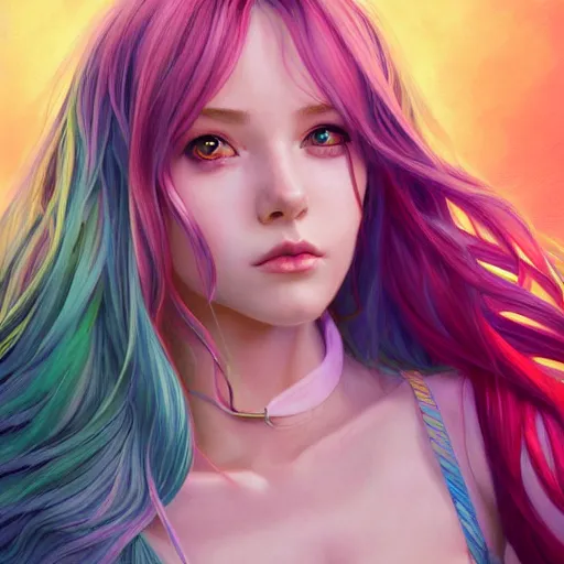 Image similar to portrait of beautiful symmetrical anime girl, rainbow hair, attractive, casual, modern, victoria's secret, highly detailed, digital painting, artstation, concept art, smooth, sharp focus, illustration, art by artgerm, greg rutkowski and alphonse mucha, 8 k,