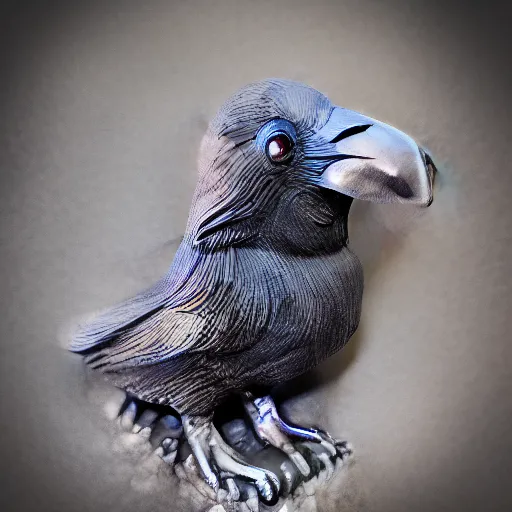 Prompt: metallic mineral stones sculpted into a very realistic raven. beautiful sculpting. masterwork from Japan. spotlighted. back lighted. ring light.