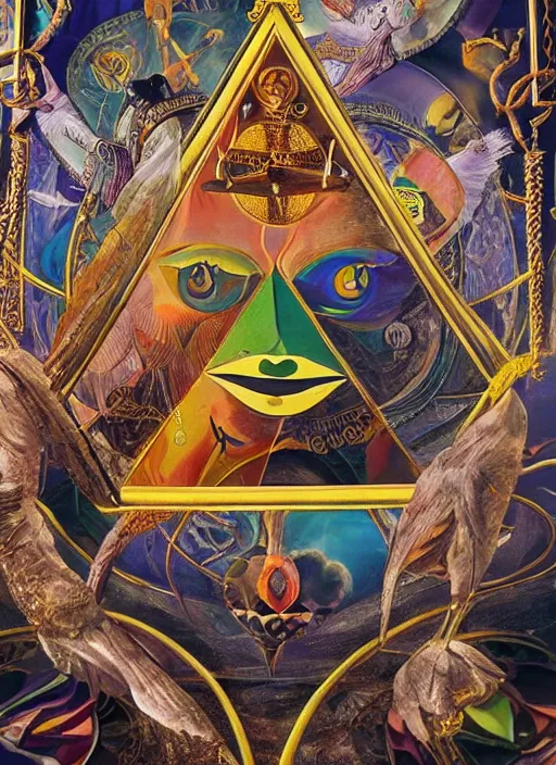 Prompt: full set of illuminati tarot cards in the style of Salvador Dali, hyper-realistic, highly detailed, intricate detail, depth of field, High definition, 8k, octane render, artstation