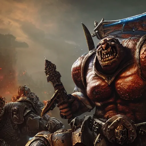 Image similar to orcs from warhammer in gears of war warcraft, fantasy, splash art, movie still, cinematic lighting, dramatic, octane render, long lens, shallow depth of field, bokeh, anamorphic lens flare, 8 k, hyper detailed, 3 5 mm film grain