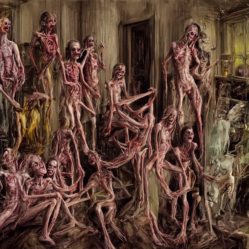 Image similar to bright realistic anorexic end of the world family cult turning into gods and deamons and smiling franticly, old apartment, rotten flesh, diffuse lighting, fantasy, intricate, elegant, highly detailed, lifelike, photorealistic, digital painting, artstation, illustration, concept art, smooth, sharp focus, art by francis bacon and jenny saville