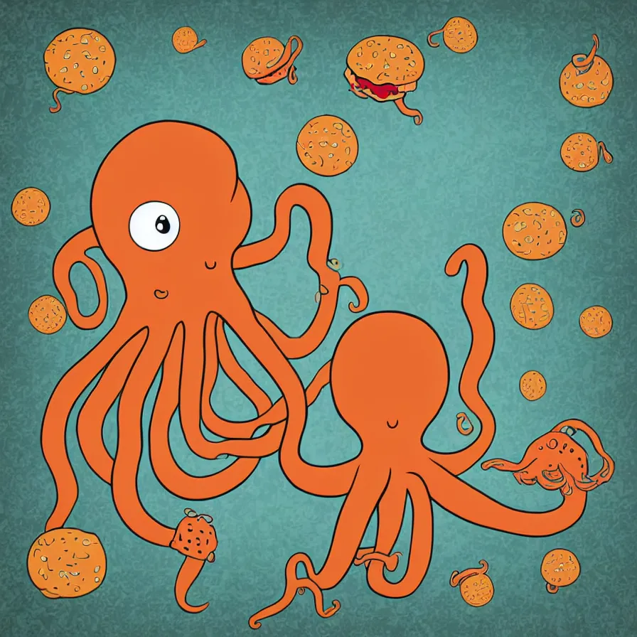 Prompt: high quality illustration of a giant octopus holding hamburger, tentacles wrapped around burger, vector art, poster, symmetry