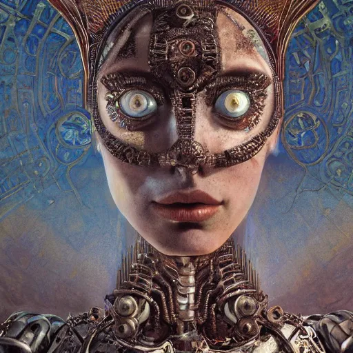 Prompt: a baroque neoclassicist close - up renaissance portrait of a beautiful rusted robot faerie queen with glowing eyes, moth wings with geometric patterns, reflective detailed textures, baroque dark fantasy science fiction painting by donato giancola and diego rivera and jean delville and moebius, dramatic lighting, silver and muted colors, artstation, octane render