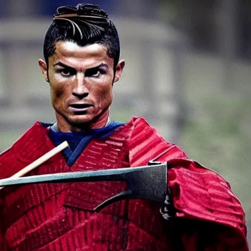 Image similar to Cristiano Ronaldo as samurai, a film still