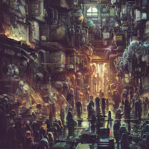 Image similar to highly detailed crowded dense urban used future tenement slum, robots humans and extraterrestrials, inside a crowded space station, jim henson creature shop, 1 9 8 0 s science fiction, 1 9 7 0 s science fiction, alien 1 9 7 9, cyberpunk, 3 d oil painting, depth perception, 4 k, artstation