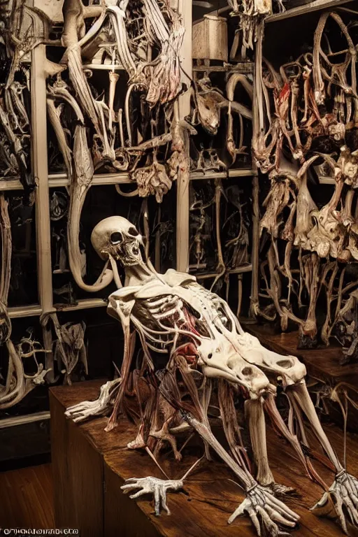 Prompt: inside a museum, a room where anatomical body parts are piece of arts by Rob Bottin, filth and grim, very detailed, ultra realistic photography