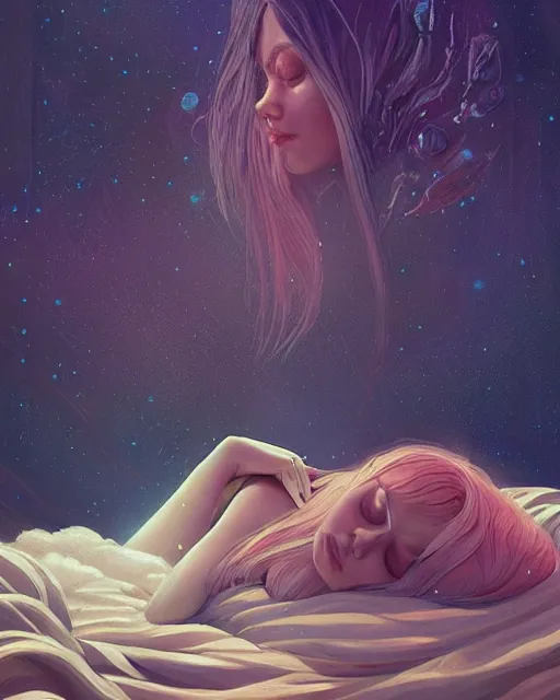 Image similar to beautiful painting of a elven sleeping on her bed, poster art by mor than, cgsociety, space art, sci - fi, cosmic horror, sense of awe, art by mike winkelmann, sky night, illustration, highly detailed, simple, smooth and clean vector curves, no jagged lines, vector art, smooth, artstation