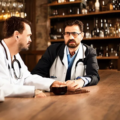 Prompt: An intricate portrait of an engineer and a doctor sitting in an aesthetic bar, 8k,