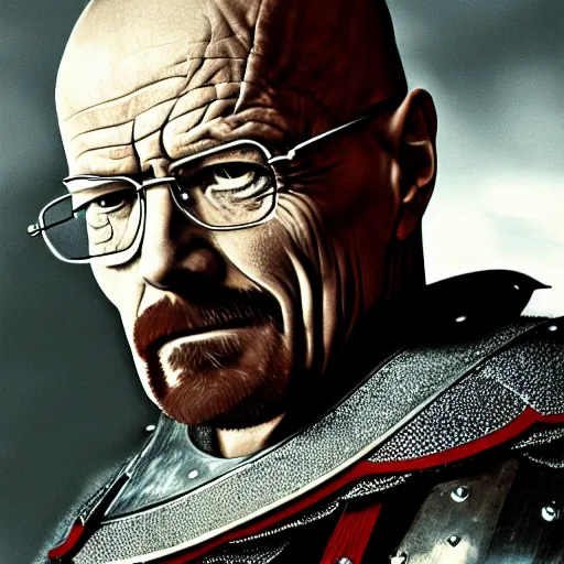 Prompt: walter white from breaking bad wearing knight armor and holding a sword, 4 k, hyper realistic, still, portrait