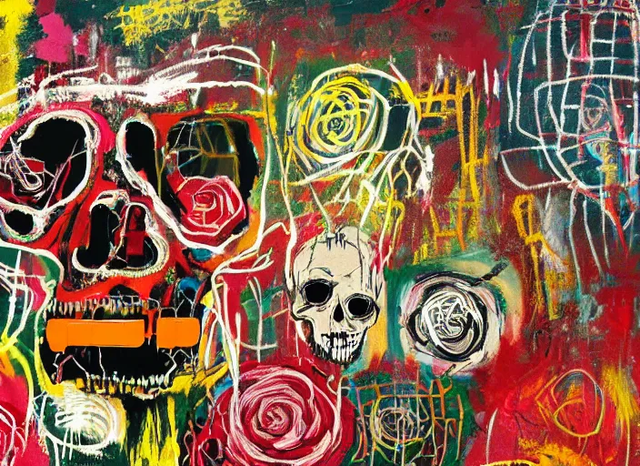 Prompt: bokeh roses growing out of one single skull by jean-michel basquiat, david choe and alex gray painting, intricately highly detailed art piece