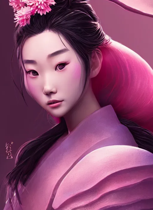 Prompt: Mulan wearing sculpted textured armor and pink flower cape, close-up of the front of the face, super sophisticated texture, enhanced noise, by Guweiz, split lighting, 4K resolution, symmetric, clear facial features, matte painting