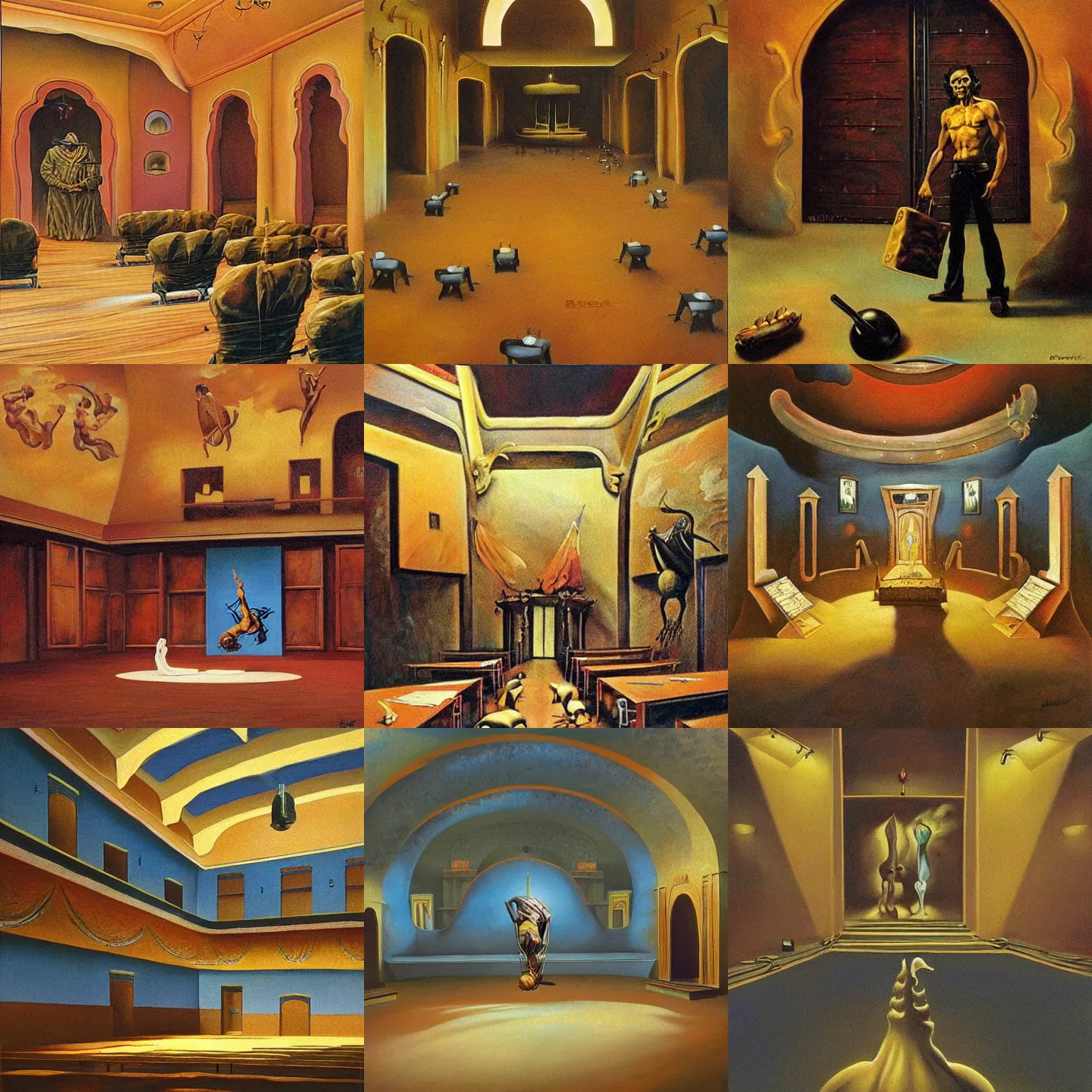 Prompt: worksafe. ultra detailed, perfect painting artwork by boris vallejo, salvador dali and frank frazetta, of an empty arabic hall.
