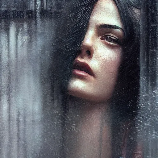 Image similar to detailed face of a woman, moment, cyberpunk cloisters, displays, tech noir, wet reflections, atmospheric, ambient, speed painting, livia prima, greg rutkowski, edward hopper