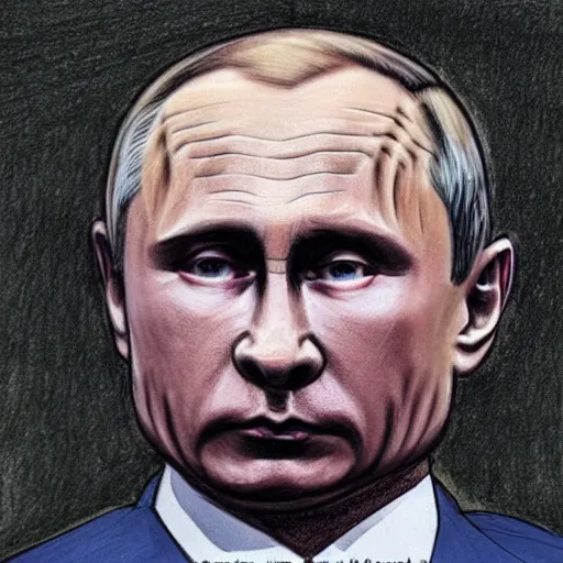 Prompt: court drawing of vladimir putin on trial in the hague wide angle crying