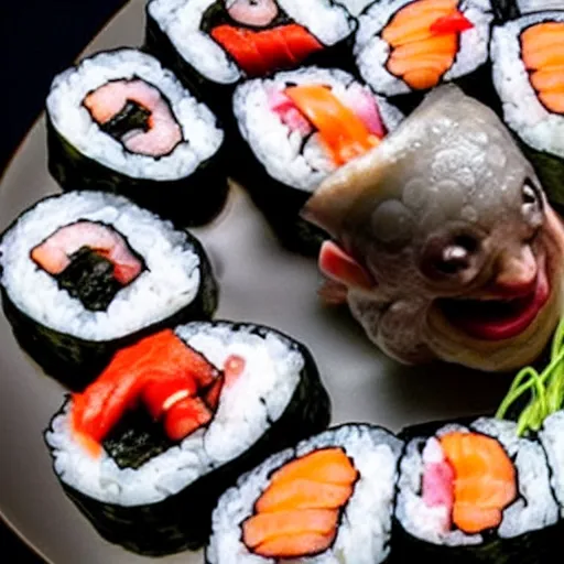 Prompt: an octopus gleefully transforms himself into sushi and sashimi