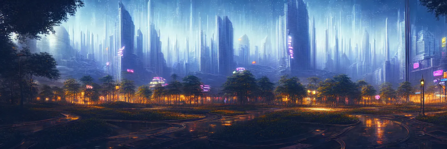 Prompt: ultra realist intricate detailed landscape painting of a utopian world with skyscrapers and neon lights, trees and mountains, very intricate details, bokeh focus, 8 k render, artstyle andree wallin, award winning