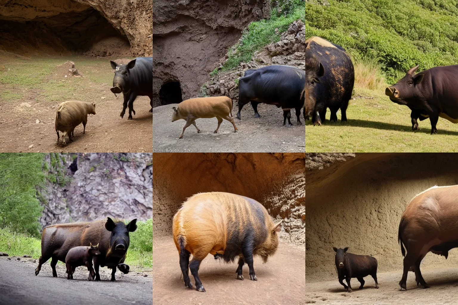 Prompt: A big boar and a cow walking together in a cave, photo