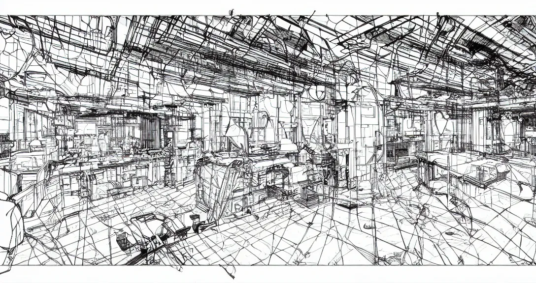 Prompt: technical drawing of secret underground laboratory room interior, clear line art, sketch on paper, by Tsutomu Nihei and Laurie Greasley and Goro Fujita, detailed shadows, blueprints, schematic style, highly detailed, strong perspective, two-point perspective, isometric perspective illustration