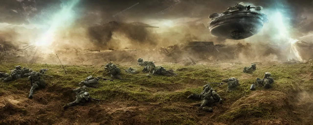 Prompt: natural looking fight landscape of ww 1 trenches, with green gas spreading across land, soldiers are attacking fighting with resistance aliens, futuristic tank is on fire, ground explosion in the background, alien mothership in the sky, hyper realistic, highly detailed, dramatic lighting, raytarced, god rays, 4 k, 8 k, matte painting