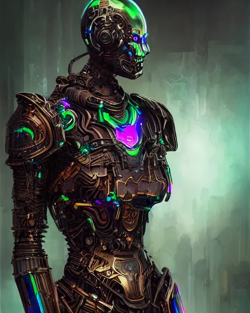 Prompt: dark cyborg armour cloak entity made of intricate complex circuitry and microchips, iridescent, warrior assassin, black body, colorful, intricate linework, gothic baroque, intimidating humanoid, magical, realistic oil painting, artstation, rutkowski, wlop, chebokha, artgerm