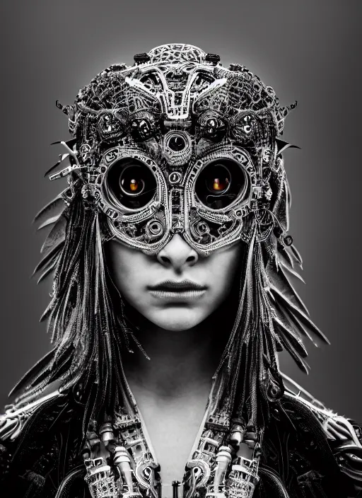 Image similar to a stunning young female crow - cyborg - human profile face, face is made intricate tribal bio - mechanical, editorial photography, bw, shot on 7 0 mm, depth of field, f / 2. 8, high contrast, 1 6 k, volumetric lighting, shiny, insanely detailed and intricate, hypermaximalist, elegant, ornate, hyper realistic, super detailed