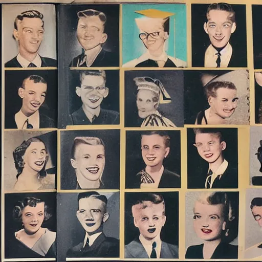 Prompt: image of a 1950s year book but every student's heads are replaced animals, photoreal.