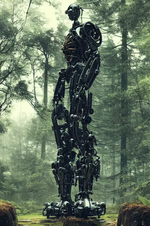 Prompt: A large mechanical robot statue in the middle of a forest by Greg Rutkowski, Sung Choi, Mitchell Mohrhauser, Maciej Kuciara, Johnson Ting, Maxim Verehin, Peter Konig, final fantasy , 8k photorealistic, cinematic lighting, HD, high details, atmospheric,