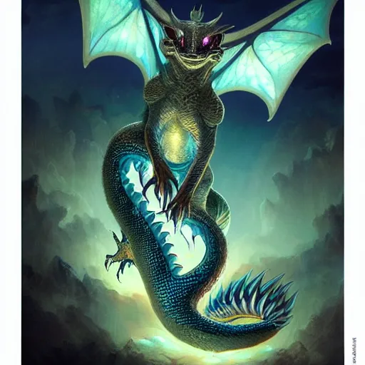 Image similar to a hyperrealistic illustration of a cute and tiny dragon that glows in the dark, dragon baby, glow in the dark, fractal moonlight, little dragon with glowing scales, award - winning, masterpiece, in the style of tom bagshaw, cedric peyravernay, peter mohrbacher