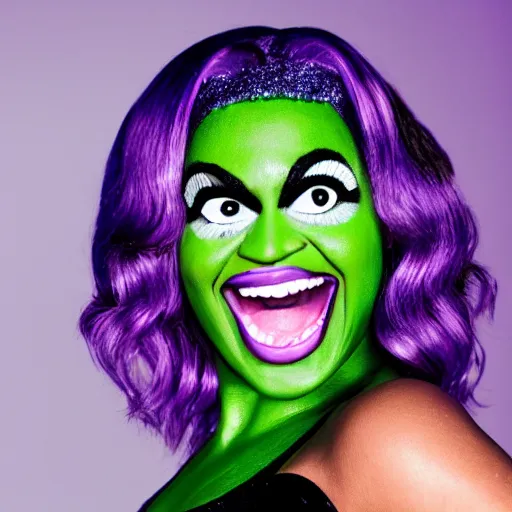 Image similar to Singer Beyoncé as the She-Hulk with green skin and dark green hair, wearing a white leotard with two purple vertical stripes, green skinned, wearing purple and white fingerless gloves, wearing purple and white sneakers, mini skirt, smiling, detailed legs, hyperreal, surreal, bokeh, tilt shift photography, green arms, green legs, green face,