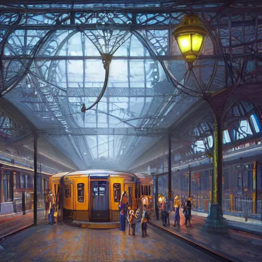 Image similar to a train entering a train station, fantasy, hd, volumetric lighting, 4 k, intricate detail, by jesper ejsing, irakli nadar