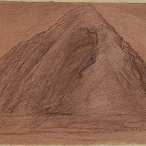 Prompt: a cross section of a mountain in the style of leonardo da vinci, red chalk on paper, national gallery