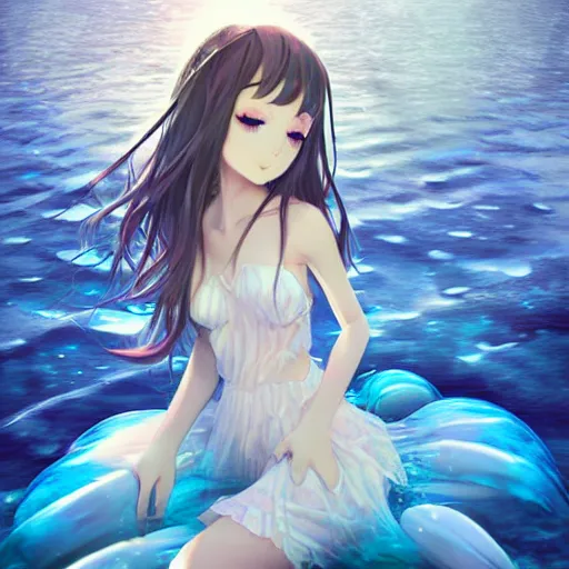 Image similar to 3D advanced digital art, a very cute anime girl wearing a dress made of water sleeping in a shell , full body, very long black hair, azure blue watery eyes, full round face, cinematic lighting, mid-shot, highly detailed, trending on pixiv, Steven Artgerm Lau, WLOP, Rossdraws, James Jean, Andrei Riabovitchev, totorrl, Marc Simonetti, visual key, and Sakimichan